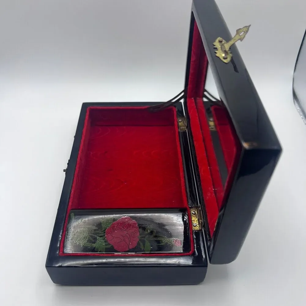 Vintage Asian Black Lacquer Jewelry Box, Inlaid Mother of Pearl Geisha Girls Box